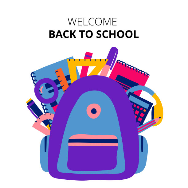 欢迎回到学校。里面有学习用品的背包。孤立在白色背景上。丰富多彩的收藏品。平面绘画风格。有趣的旗帜设计。图片下载
