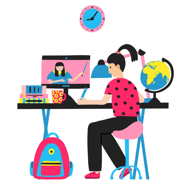 白人女孩学习。网络教育。女教师在电脑显示器上。生活流。网上学校。电子学习的概念。图片下载