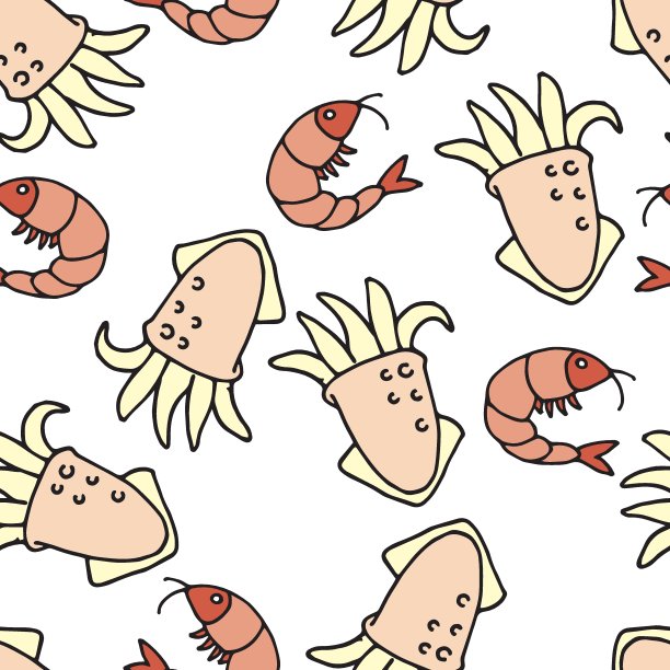 Seamless vector pattern. sea ​​food, squid and shrimp isolated on a white background. Cute cartoon doodle background. seafood, wholesome food, meat-free diet图片下载