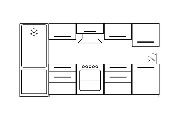 一套矢量室内设计厨房。现代家具元素、家电。细线图标设置。黑白矢量插图。平面设计。图片下载