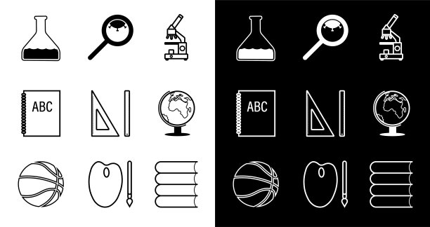 的图标集。9月1日返校。学校的项目。显微镜地球仪试管病毒放大镜课本篮球黑白矢量图片下载