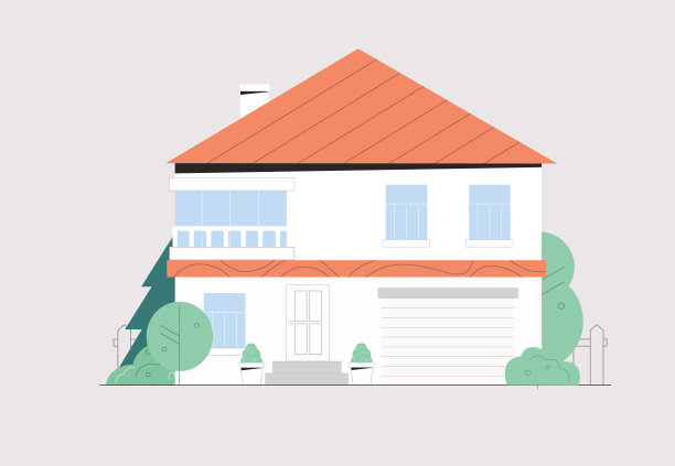 现代风格的联排别墅或别墅的正面。现代建筑与大窗户隔离在白色背景，周围绿色的灌木和树木。平面风格矢量插图。图片下载