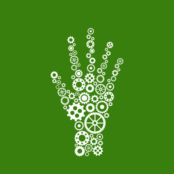 带有白色齿轮的机械手被隔离在绿色齿轮上。环保技术的标志。图片下载
