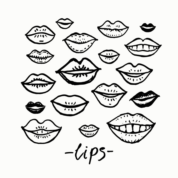 嘴唇。许多嘴的单色涂鸦插图。不同人的嘴唇搞笑矢量模板。图片下载