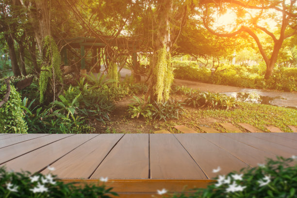 木制或厚木板桌子的产品放置与一个自然花园模糊的背景。图片下载
