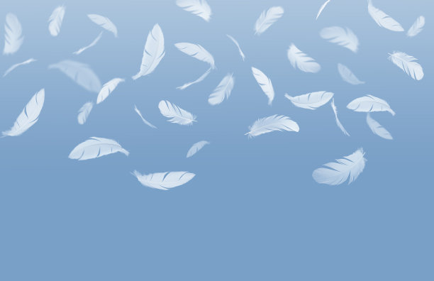 一群白色的鸟羽毛从空中飘落下来。蓝色背景上的羽毛抽象。图片下载
