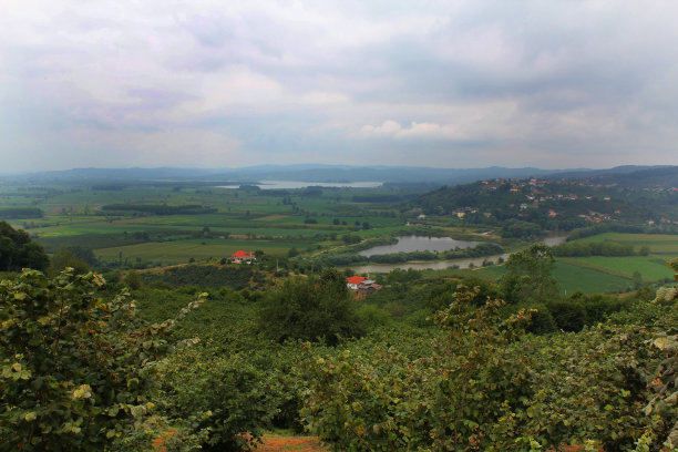 有湖泊、树木、田野和房屋的景观图片下载