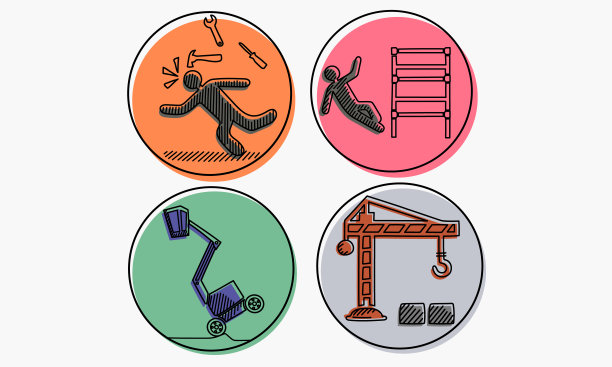 一套个人安全标志，象征小心上方工具坠落，脚手架坠落，意外与关节升降平台，照顾起重机图片下载