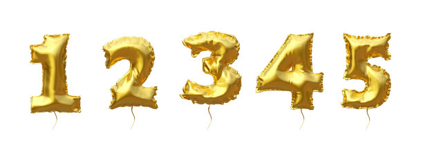数字形式的金色气球。一，二，三，四，五个气球。孤立在白色背景上。组1。三维渲染图片下载