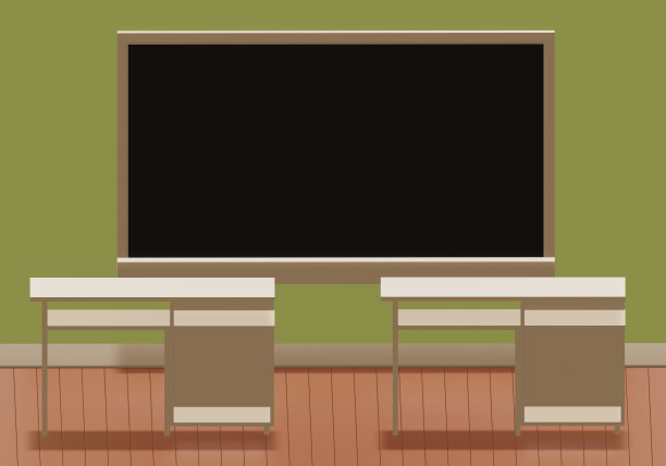 绿色的墙上挂着空空的黑色黑板，空荡荡的教室，学年结束了。图像用于复制空间，广告牌木框架用于添加文本。三维演示图片下载