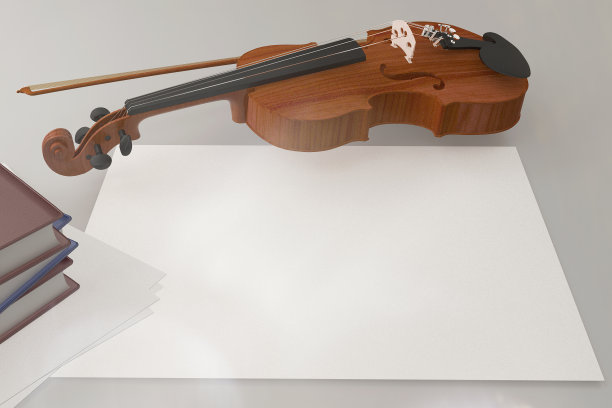 小提琴和空纸为音符和和弦在桌子上，概念形象为古典音乐乐器。背景与复制空间的文字，3d插图。图片下载
