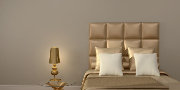 金色豪华的室内家具，优雅的卧室，为高端的室内设计和装饰概念形象，酒店卧室与复制空间为您的文字，3d插图。图片下载
