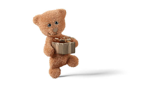 甜蜜和可爱。泰迪熊3d插图与金色礼物。奢侈的礼物图片下载