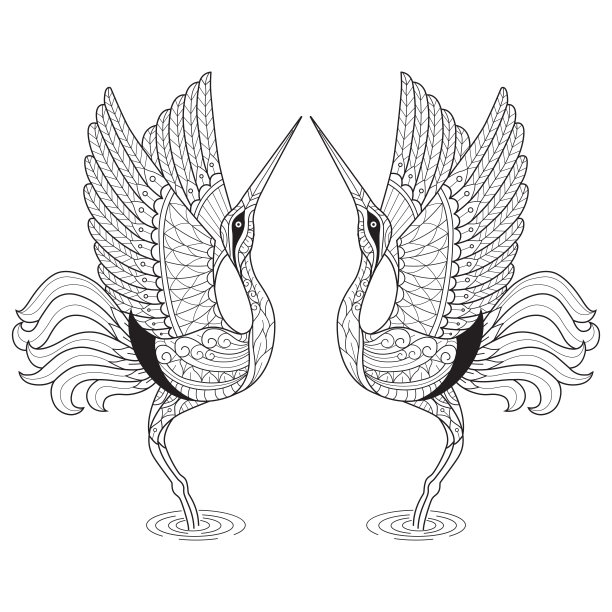 禅宗涂鸦日本鹤舞缠成人涂色页，插画缠结风格。图片下载