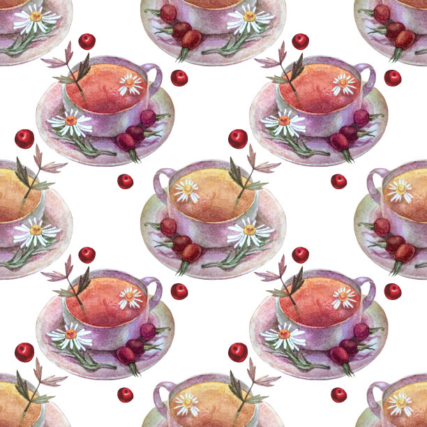 无缝图案水彩杯茶与洋甘菊在白色。保健维生素热饮。Hygge秋季创意艺术背景菜单，卡片，壁纸图片下载