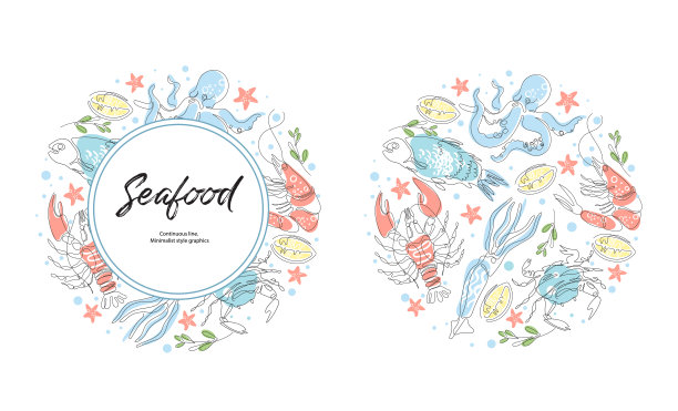龙虾、鱼、蟹、虾、章鱼、鱿鱼。海鲜。Vectorg框架。图片下载