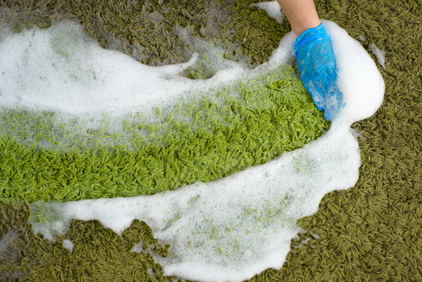 绿色地毯上的洗涤泡沫。家庭作业图片下载