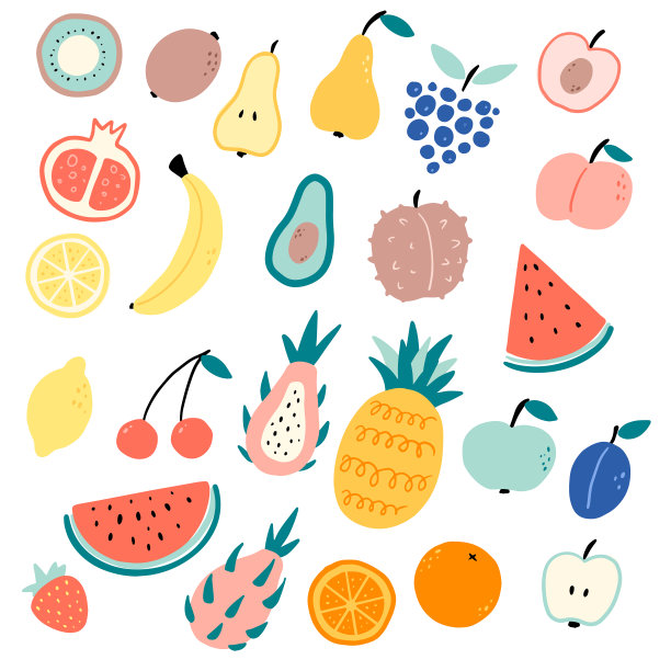 平面矢量彩色插图的卡通水果在涂鸦风格图片下载