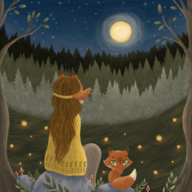 插图的一个女孩在狐狸面具看着月亮在夜晚的森林素材图片