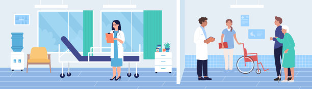 老年人在医院矢量插图，卡通平面老年妇女人物看病为诊断检查医学背景图片下载