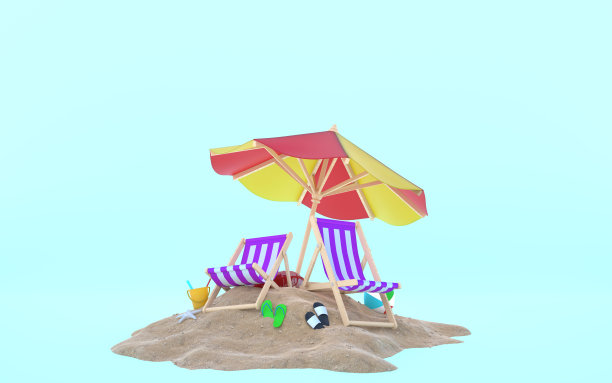 夏天的场景与椅子和球在沙子上对蓝色的背景图片下载