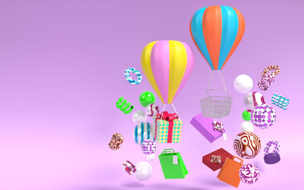 紫色背景上的热气球载着礼盒和购物袋图片下载