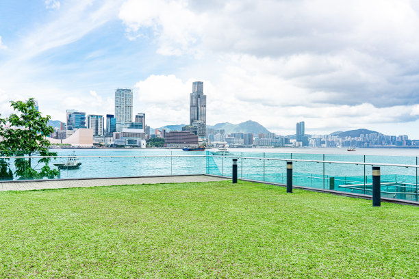 草地，城市天际线，香港，中国图片下载