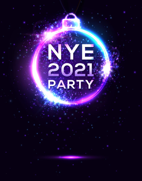 新年前夕2021派对海报在深蓝色的背景。NYE美丽的节日横幅，悬挂圣诞球形状的电动圆框。迪斯科之夜的传单邀请设计模板矢量插图。图片下载