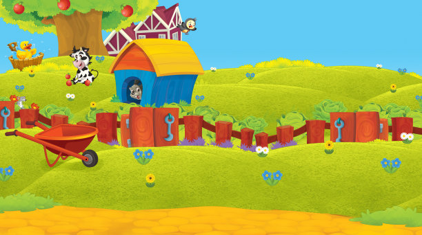 卡通场景与农场动物在农场有乐趣-插图图片下载