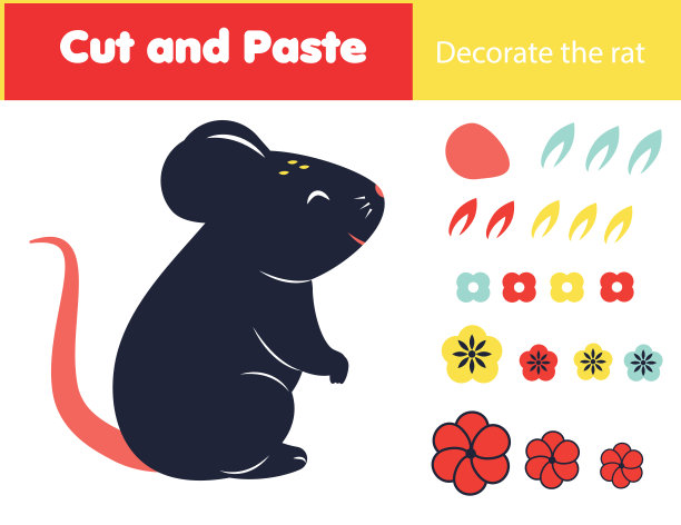 创意儿童教育游戏。剪纸活动。用胶水和剪刀装饰鼠标。做一只东方风格的老鼠图片下载