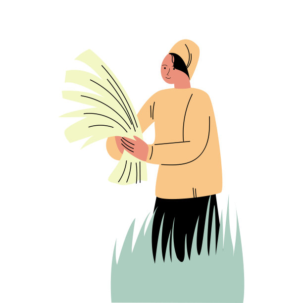 农夫穿着特殊的服装站在草地上，拿着刚摘下来的稻子图片下载