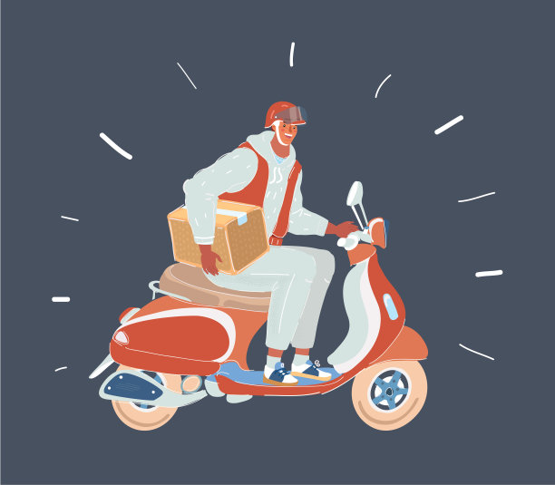 矢量插图送货员骑红色摩托车在黑暗。图片下载