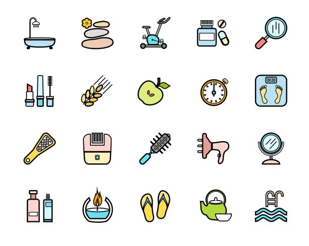 美丽和健康，图标，设置，颜色与轮廓。图片下载