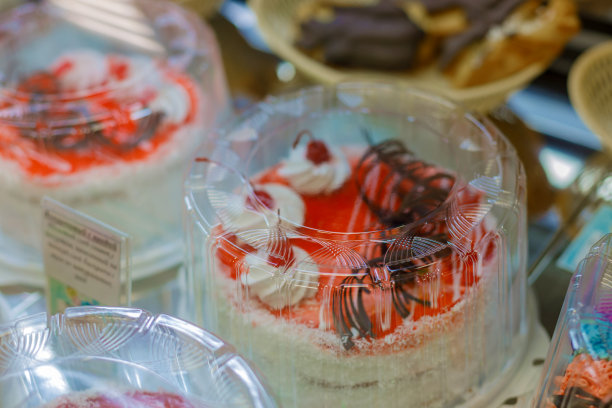 甜点橱窗。奶油蛋糕的特写在透明包装。图片下载