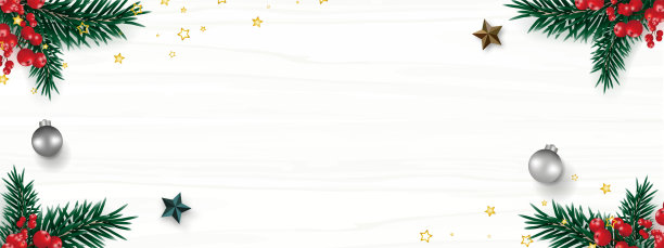圣诞背景装饰松树，红浆果，圣诞球，星星，和五彩纸屑。帧边界。副本的空间。前视图。矢量插图。图片下载