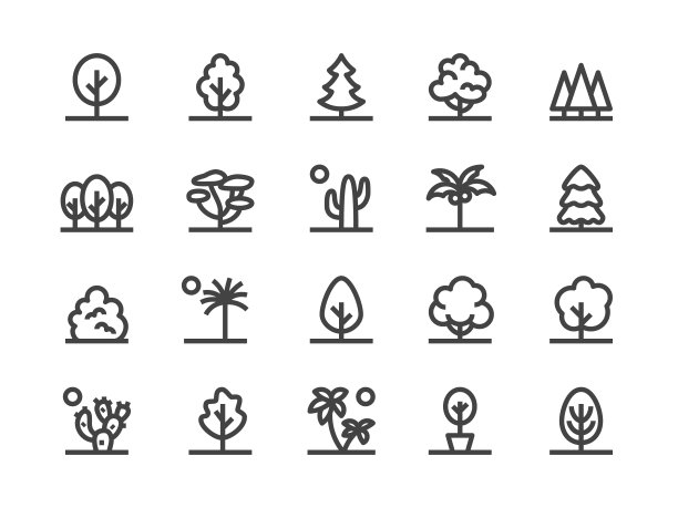 树木，植物线图标。矢量插图平面风格。包括冷杉树，棕榈，公园，沙漠仙人掌，灌木，森林和更多的图标。可编辑的描边。30x30像素完美图片下载