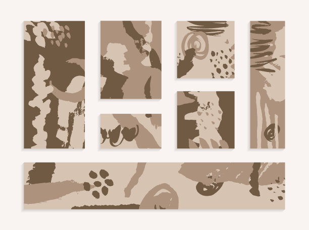 一套手工设计模板。棕色的笔画，圆圈和点。抽象的墨渍。名片，横向和纵向的宣传册，横幅。图片下载