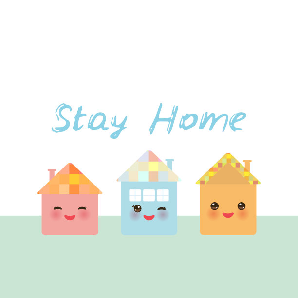 呆在家里。有趣的快乐屋收集，可爱的脸，微笑，粉红色的脸颊，大眼睛。柔和的颜色。横幅卡片模板为您的文本，复制空间，孤立在白色背景。向量图片下载