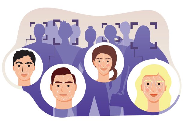 人脸识别作为识别，验证，搜索概念，平面矢量股票插图与人的轮廓和id脸图片下载