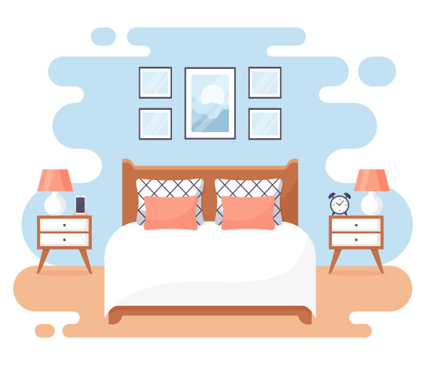几何形状的卧室插图-床和两个床头柜图片下载