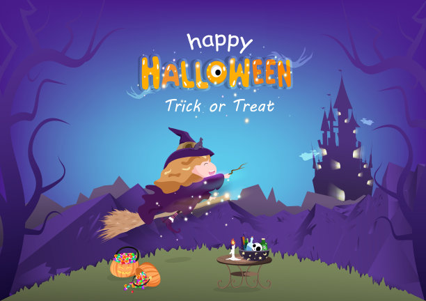 万圣节前夕，女巫与猫飞在黑暗森林城堡，卡通儿童人物矢量插图图片下载