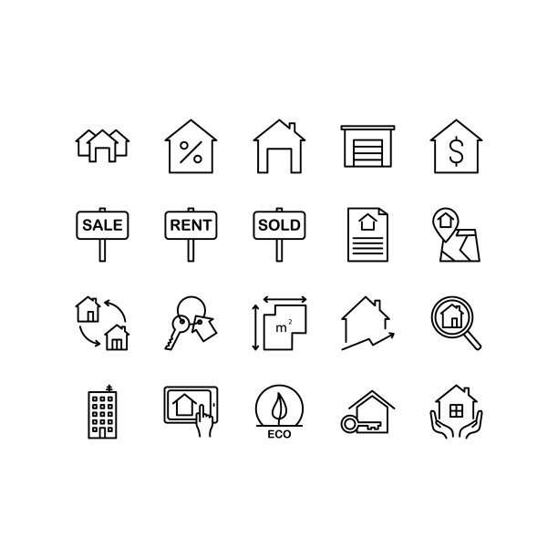 房地产图标集。包括如别墅、公寓、钥匙、车库、别墅、房屋布局、合同、住宅楼等sIcons。可编辑的中风图片下载