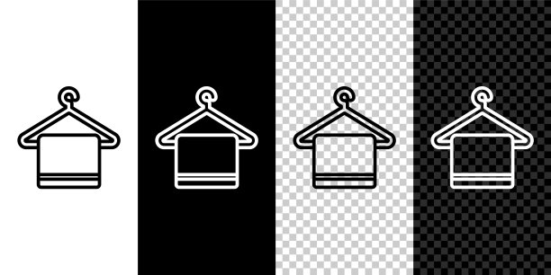 设置线毛巾在衣架图标孤立的黑白背景。浴室毛巾图标。矢量图图片下载