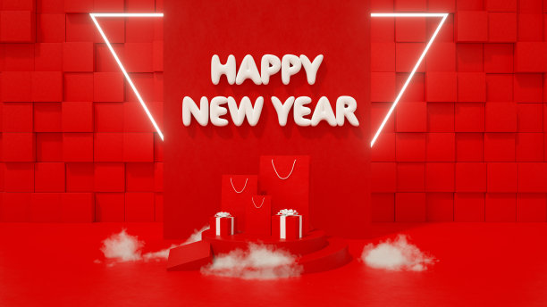 新年圣诞购物概念，礼品盒和购物袋在红色的背景图片下载