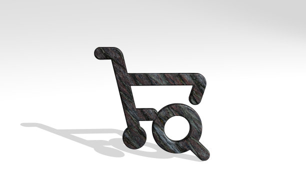 购物车搜索由一个闪亮的金属雕塑在灯光背景上投射阴影的3D插图。业务和概念图片下载