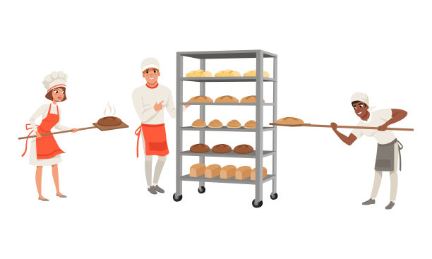 面包师角色设置，人们在统一工作在面包房卡通风格矢量插图图片下载