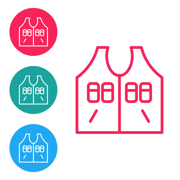 红色线狩猎夹克图标孤立在白色背景。狩猎背心。在圆形按钮中设置图标。向量图片下载