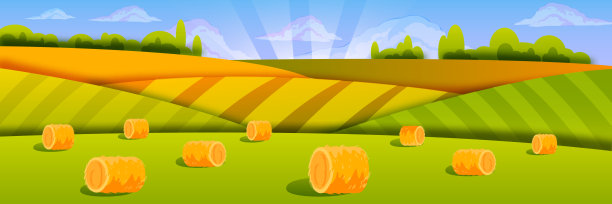 有机的草堆景观与绿色的田野，云彩，早晨的天空，阳光。图片下载