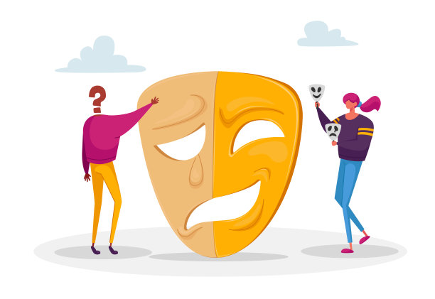 没有脸的女人和性格站在一个巨大的面具旁边，两种情绪对立，一种是笑，一种是哭图片下载
