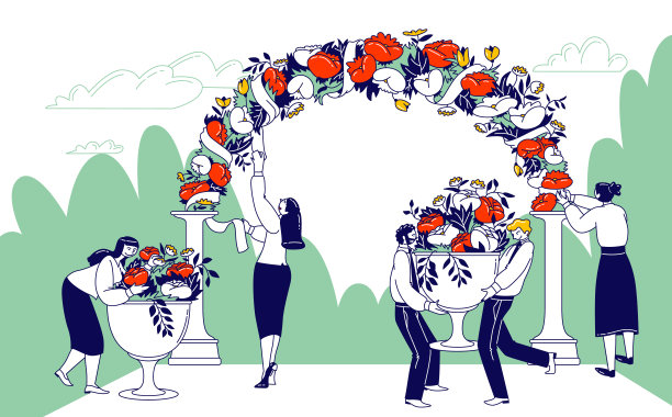 婚礼机构工作人员为婚礼庆典布置户外场地。鲜花丝带装饰图片下载